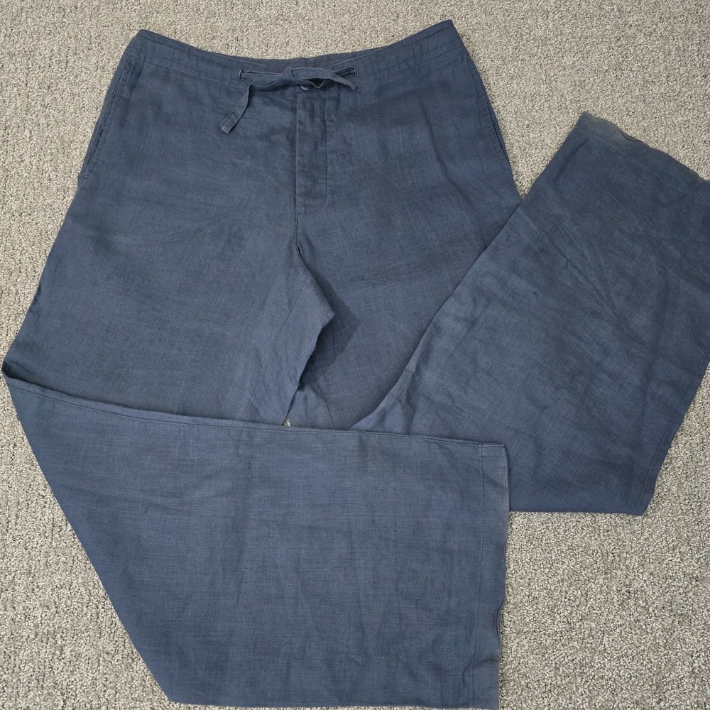 Womens 100% Linen Pants M Blue Buttonfly Drawstring Wide Leg Coastal